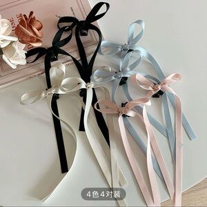 Brand New Set of 4 Multi Color Long Bows Clips For Hair Black White Blue Pink